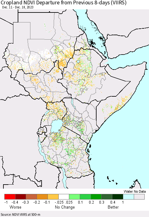 Eastern Africa Cropland NDVI Departure from Previous 8-days (VIIRS) Thematic Map For 12/11/2023 - 12/18/2023