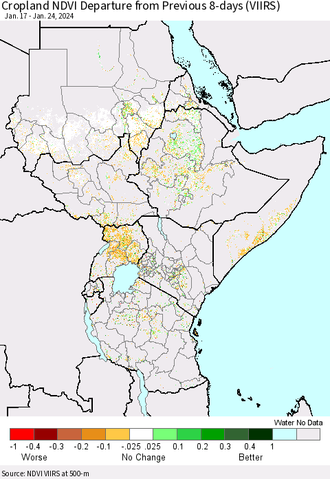 Eastern Africa Cropland NDVI Departure from Previous 8-days (VIIRS) Thematic Map For 1/17/2024 - 1/24/2024