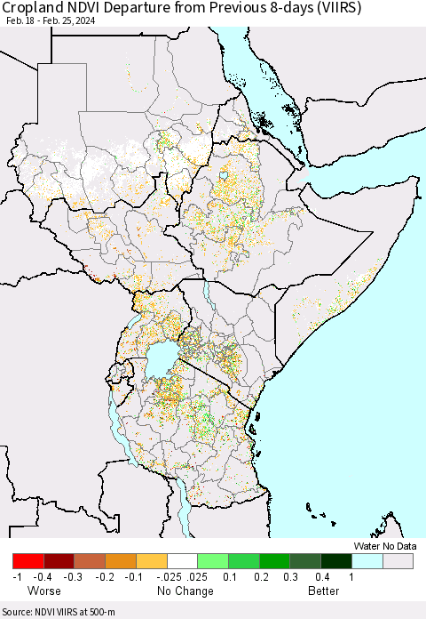 Eastern Africa Cropland NDVI Departure from Previous 8-days (VIIRS) Thematic Map For 2/18/2024 - 2/25/2024