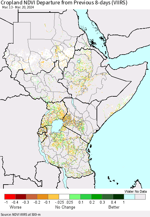 Eastern Africa Cropland NDVI Departure from Previous 8-days (VIIRS) Thematic Map For 3/13/2024 - 3/20/2024