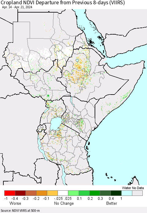 Eastern Africa Cropland NDVI Departure from Previous 8-days (VIIRS) Thematic Map For 4/14/2024 - 4/21/2024