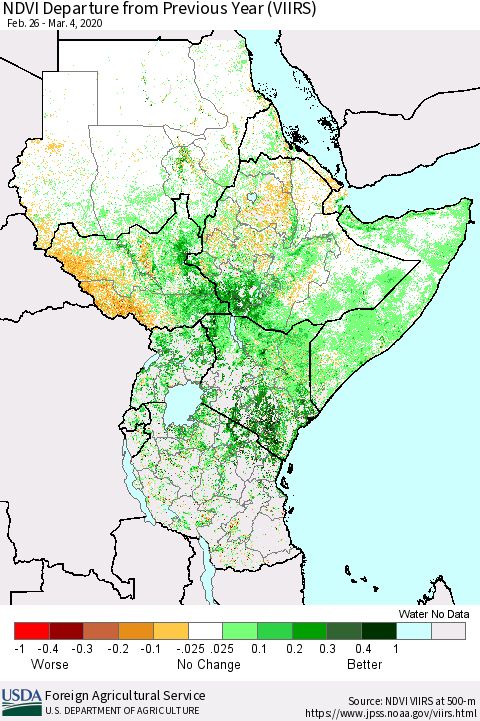 Eastern Africa NDVI Departure from Previous Year (VIIRS) Thematic Map For 3/1/2020 - 3/10/2020