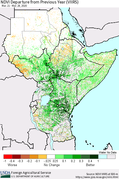Eastern Africa NDVI Departure from Previous Year (VIIRS) Thematic Map For 3/21/2020 - 3/31/2020