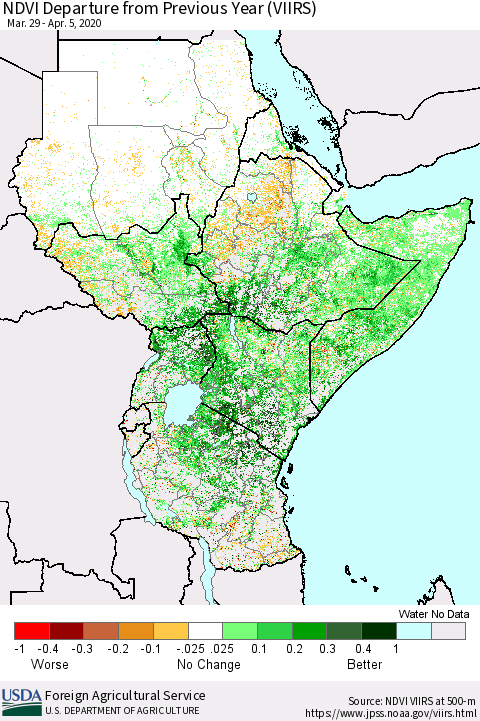 Eastern Africa NDVI Departure from Previous Year (VIIRS) Thematic Map For 4/1/2020 - 4/10/2020