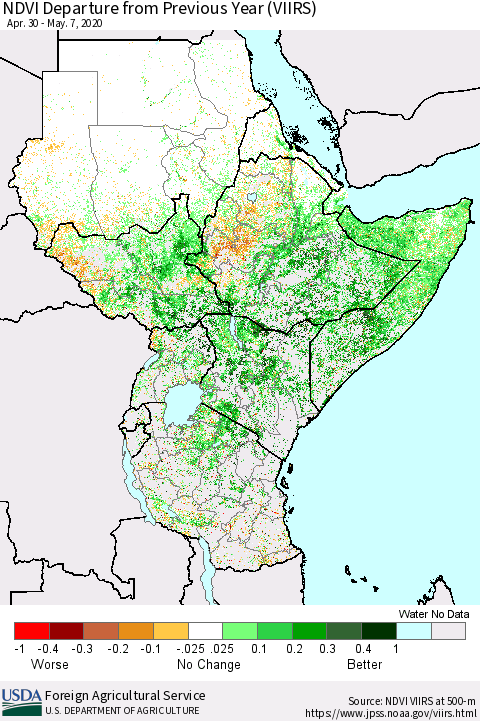 Eastern Africa NDVI Departure from Previous Year (VIIRS) Thematic Map For 5/1/2020 - 5/10/2020