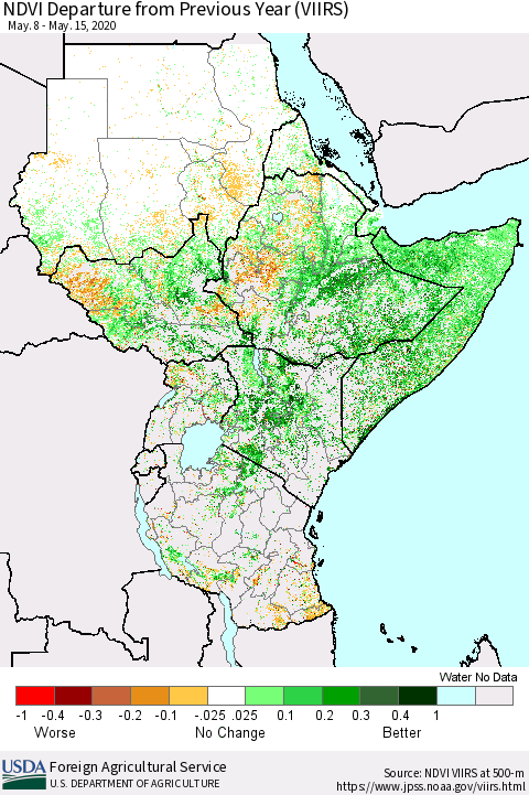 Eastern Africa NDVI Departure from Previous Year (VIIRS) Thematic Map For 5/11/2020 - 5/20/2020