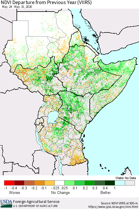 Eastern Africa NDVI Departure from Previous Year (VIIRS) Thematic Map For 5/21/2020 - 5/31/2020