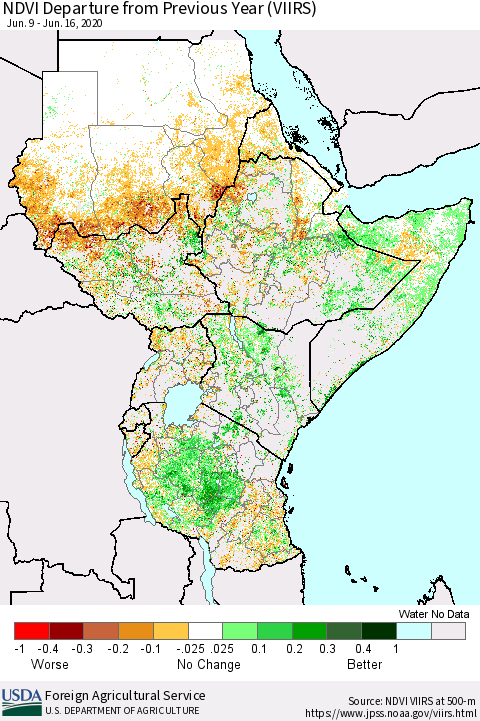 Eastern Africa NDVI Departure from Previous Year (VIIRS) Thematic Map For 6/11/2020 - 6/20/2020