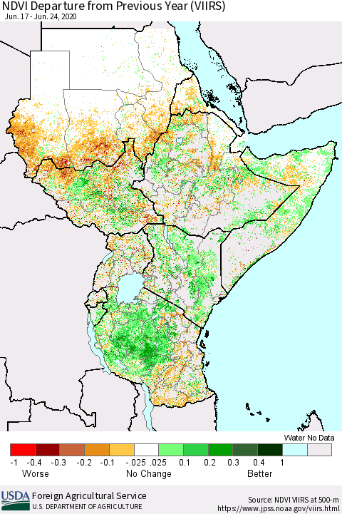 Eastern Africa NDVI Departure from Previous Year (VIIRS) Thematic Map For 6/21/2020 - 6/30/2020