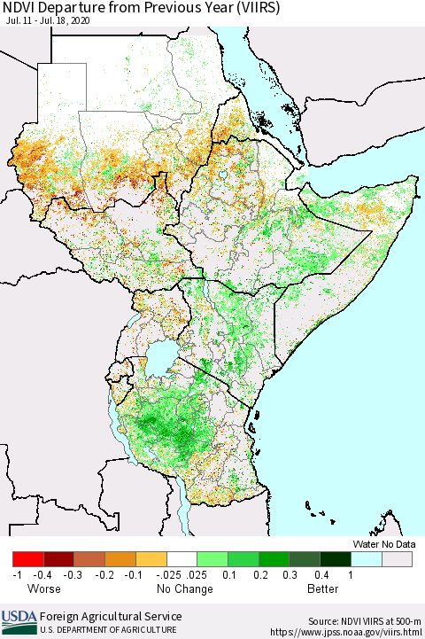 Eastern Africa NDVI Departure from Previous Year (VIIRS) Thematic Map For 7/11/2020 - 7/20/2020