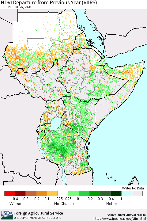Eastern Africa NDVI Departure from Previous Year (VIIRS) Thematic Map For 7/21/2020 - 7/31/2020