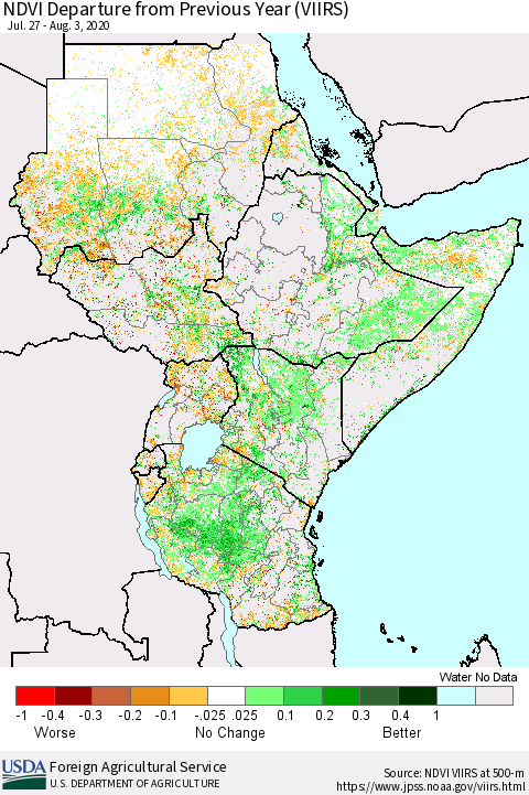 Eastern Africa NDVI Departure from Previous Year (VIIRS) Thematic Map For 8/1/2020 - 8/10/2020
