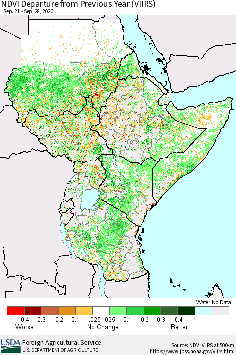 Eastern Africa NDVI Departure from Previous Year (VIIRS) Thematic Map For 9/21/2020 - 9/30/2020