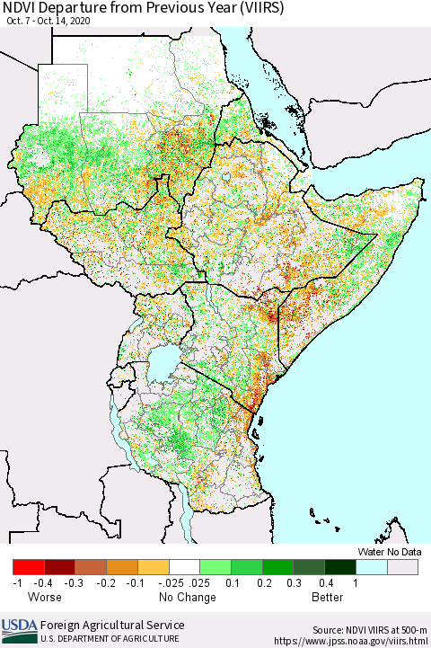 Eastern Africa NDVI Departure from Previous Year (VIIRS) Thematic Map For 10/11/2020 - 10/20/2020