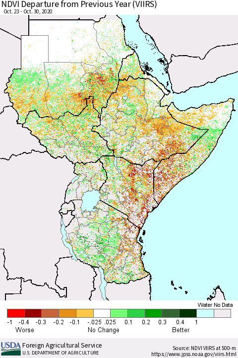Eastern Africa NDVI Departure from Previous Year (VIIRS) Thematic Map For 10/21/2020 - 10/31/2020