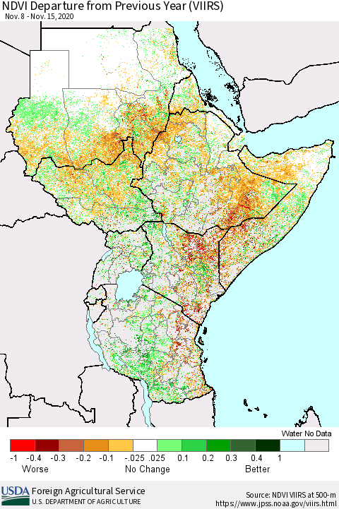 Eastern Africa NDVI Departure from Previous Year (VIIRS) Thematic Map For 11/11/2020 - 11/20/2020