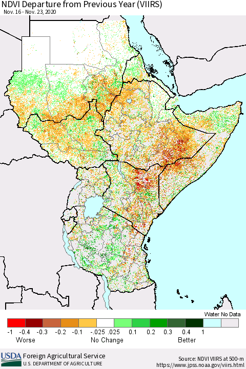 Eastern Africa NDVI Departure from Previous Year (VIIRS) Thematic Map For 11/21/2020 - 11/30/2020
