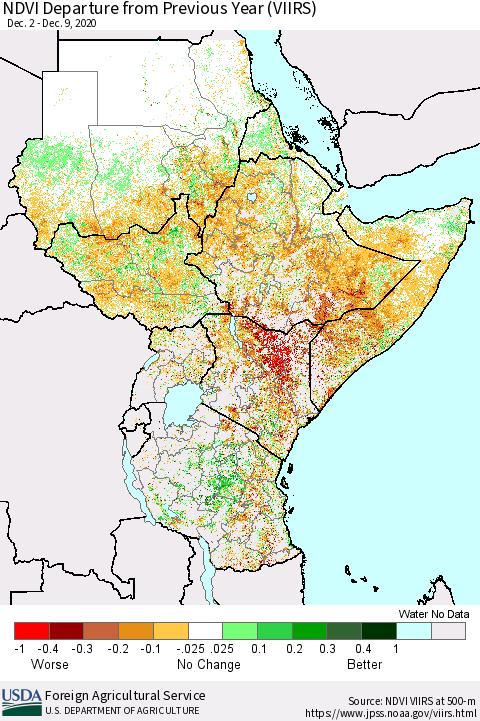 Eastern Africa NDVI Departure from Previous Year (VIIRS) Thematic Map For 12/1/2020 - 12/10/2020