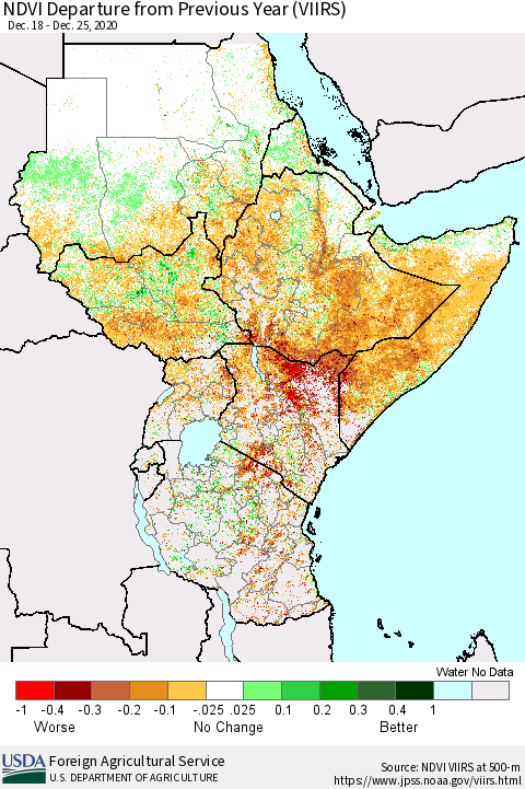 Eastern Africa NDVI Departure from Previous Year (VIIRS) Thematic Map For 12/21/2020 - 12/31/2020