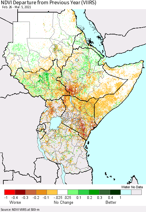 Eastern Africa NDVI Departure from Previous Year (VIIRS) Thematic Map For 2/26/2021 - 3/5/2021