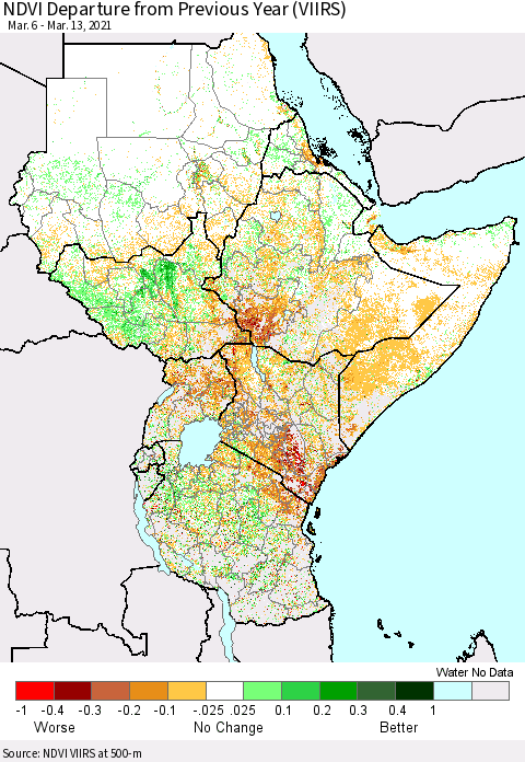 Eastern Africa NDVI Departure from Previous Year (VIIRS) Thematic Map For 3/6/2021 - 3/13/2021