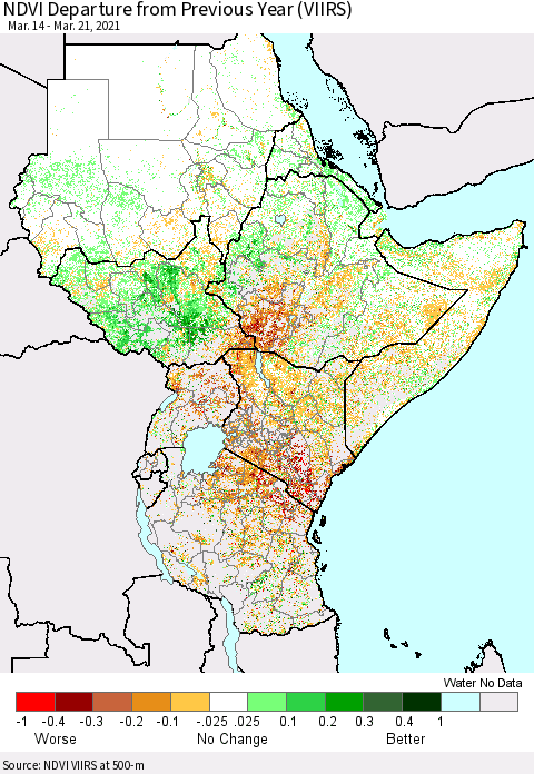 Eastern Africa NDVI Departure from Previous Year (VIIRS) Thematic Map For 3/14/2021 - 3/21/2021