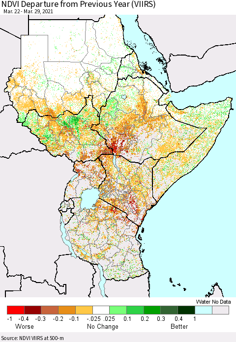 Eastern Africa NDVI Departure from Previous Year (VIIRS) Thematic Map For 3/22/2021 - 3/29/2021