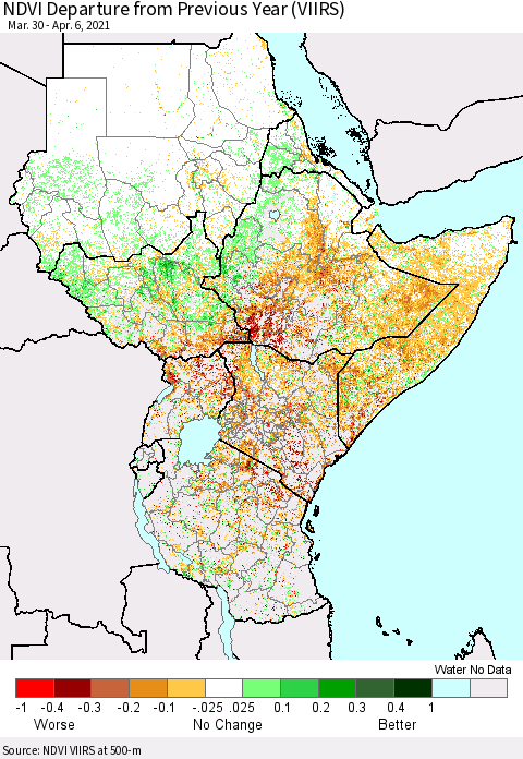 Eastern Africa NDVI Departure from Previous Year (VIIRS) Thematic Map For 3/30/2021 - 4/6/2021