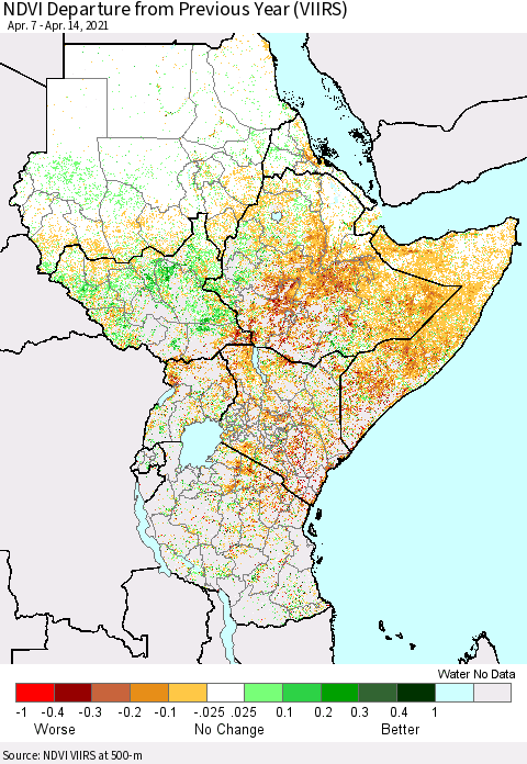 Eastern Africa NDVI Departure from Previous Year (VIIRS) Thematic Map For 4/7/2021 - 4/14/2021