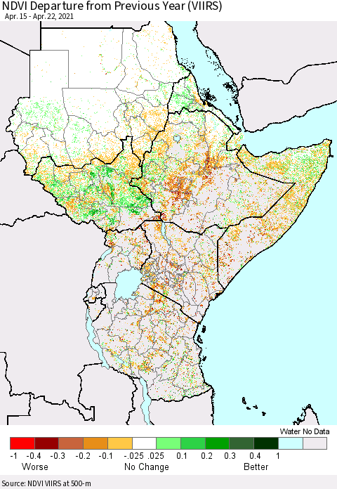 Eastern Africa NDVI Departure from Previous Year (VIIRS) Thematic Map For 4/15/2021 - 4/22/2021