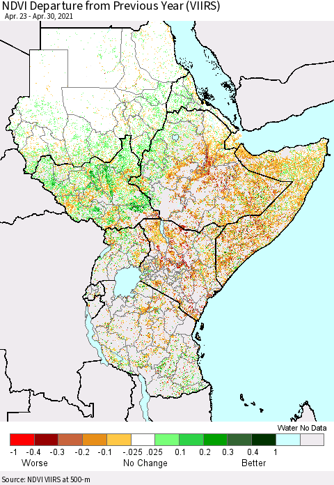 Eastern Africa NDVI Departure from Previous Year (VIIRS) Thematic Map For 4/23/2021 - 4/30/2021