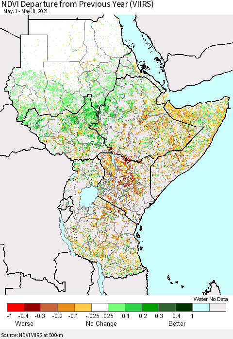 Eastern Africa NDVI Departure from Previous Year (VIIRS) Thematic Map For 5/1/2021 - 5/8/2021