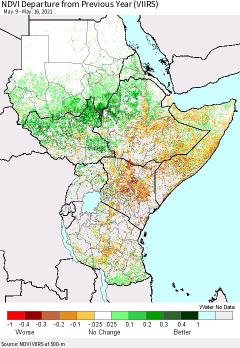 Eastern Africa NDVI Departure from Previous Year (VIIRS) Thematic Map For 5/9/2021 - 5/16/2021