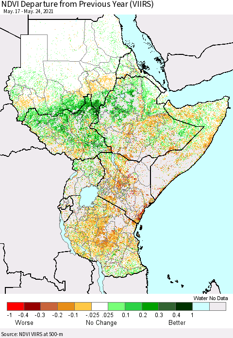 Eastern Africa NDVI Departure from Previous Year (VIIRS) Thematic Map For 5/17/2021 - 5/24/2021