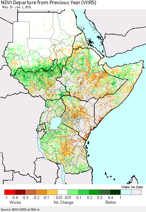 Eastern Africa NDVI Departure from Previous Year (VIIRS) Thematic Map For 5/25/2021 - 6/1/2021