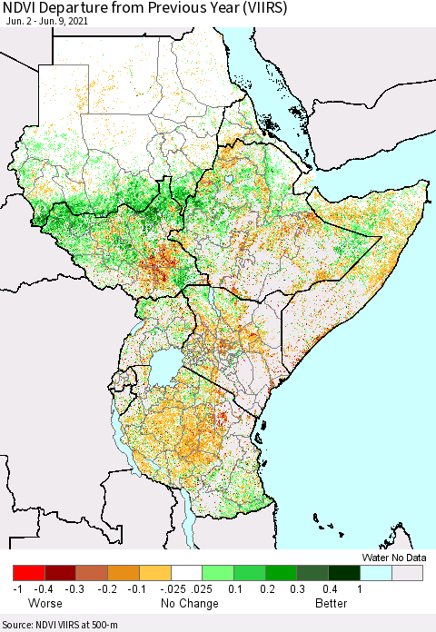 Eastern Africa NDVI Departure from Previous Year (VIIRS) Thematic Map For 6/2/2021 - 6/9/2021