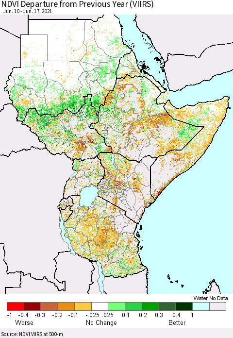 Eastern Africa NDVI Departure from Previous Year (VIIRS) Thematic Map For 6/10/2021 - 6/17/2021