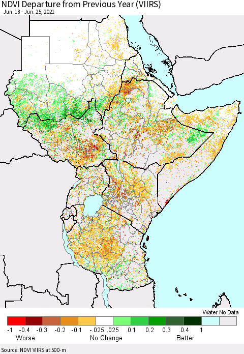 Eastern Africa NDVI Departure from Previous Year (VIIRS) Thematic Map For 6/18/2021 - 6/25/2021