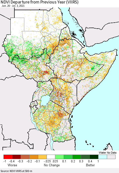 Eastern Africa NDVI Departure from Previous Year (VIIRS) Thematic Map For 6/26/2021 - 7/3/2021