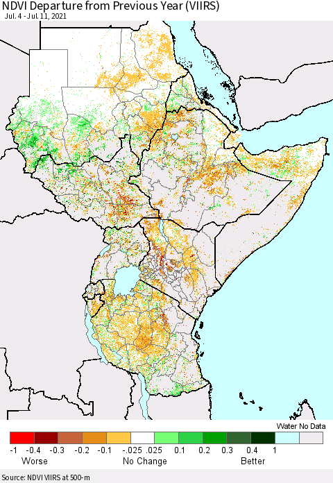 Eastern Africa NDVI Departure from Previous Year (VIIRS) Thematic Map For 7/4/2021 - 7/11/2021