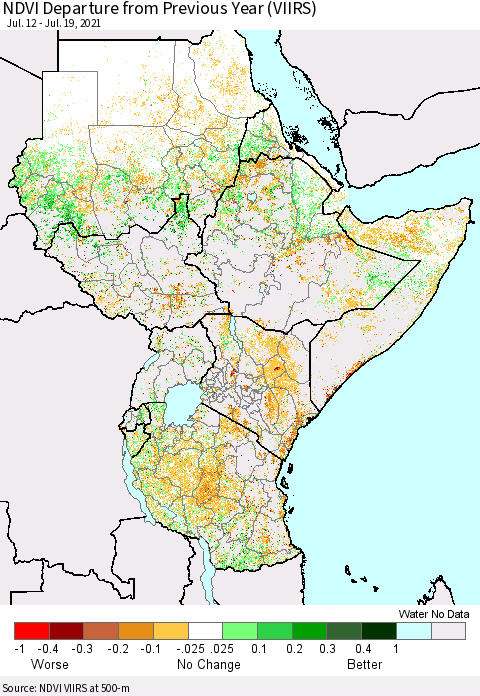 Eastern Africa NDVI Departure from Previous Year (VIIRS) Thematic Map For 7/12/2021 - 7/19/2021