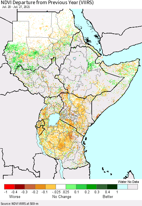 Eastern Africa NDVI Departure from Previous Year (VIIRS) Thematic Map For 7/20/2021 - 7/27/2021