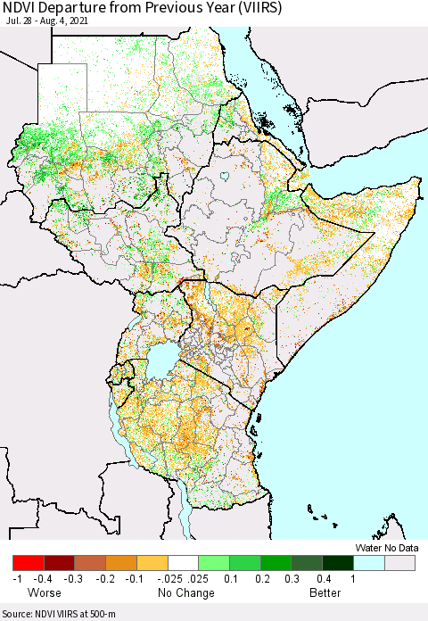 Eastern Africa NDVI Departure from Previous Year (VIIRS) Thematic Map For 7/28/2021 - 8/4/2021