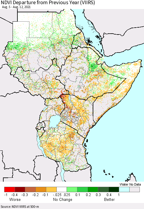 Eastern Africa NDVI Departure from Previous Year (VIIRS) Thematic Map For 8/5/2021 - 8/12/2021