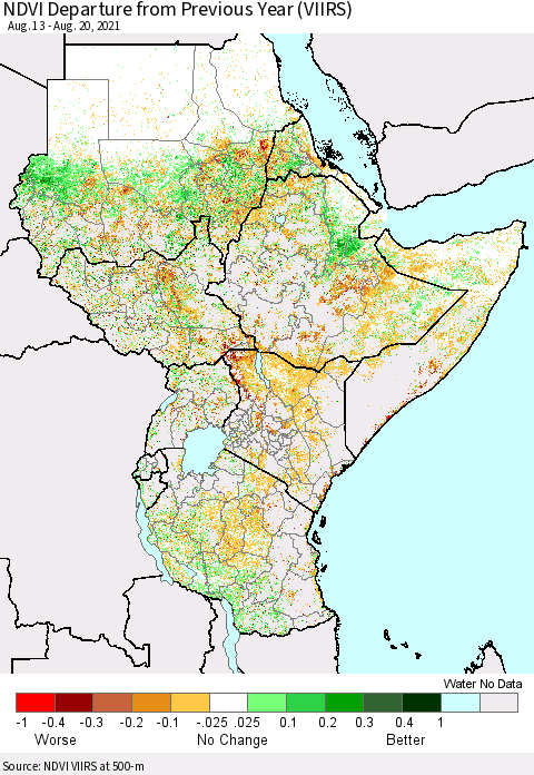 Eastern Africa NDVI Departure from Previous Year (VIIRS) Thematic Map For 8/13/2021 - 8/20/2021