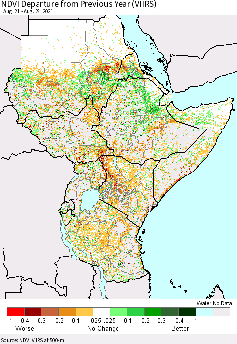 Eastern Africa NDVI Departure from Previous Year (VIIRS) Thematic Map For 8/21/2021 - 8/28/2021
