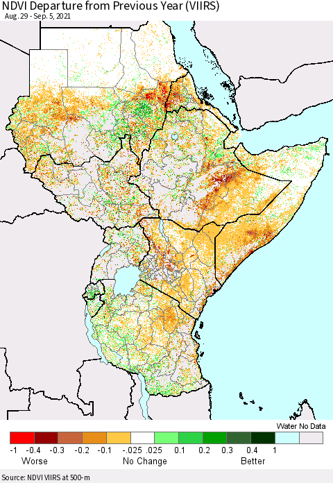 Eastern Africa NDVI Departure from Previous Year (VIIRS) Thematic Map For 8/29/2021 - 9/5/2021