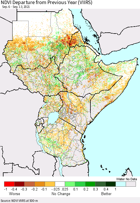 Eastern Africa NDVI Departure from Previous Year (VIIRS) Thematic Map For 9/6/2021 - 9/13/2021