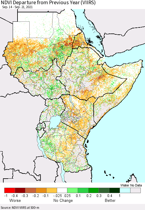 Eastern Africa NDVI Departure from Previous Year (VIIRS) Thematic Map For 9/14/2021 - 9/21/2021