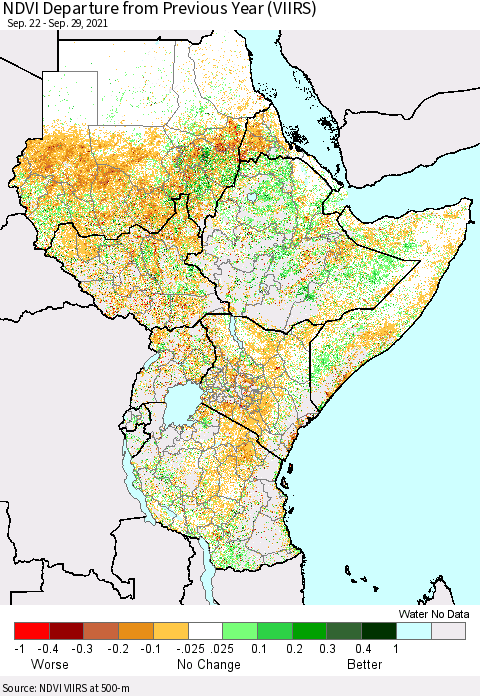 Eastern Africa NDVI Departure from Previous Year (VIIRS) Thematic Map For 9/22/2021 - 9/29/2021